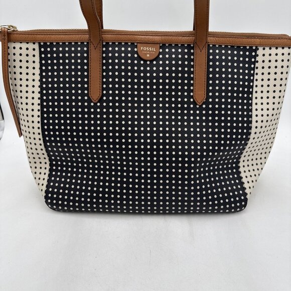 Fossil Sydney Black & White Polka Dot Tote Bag Vinyl Leather Straps Trim Zip top - Picture 2 of 10